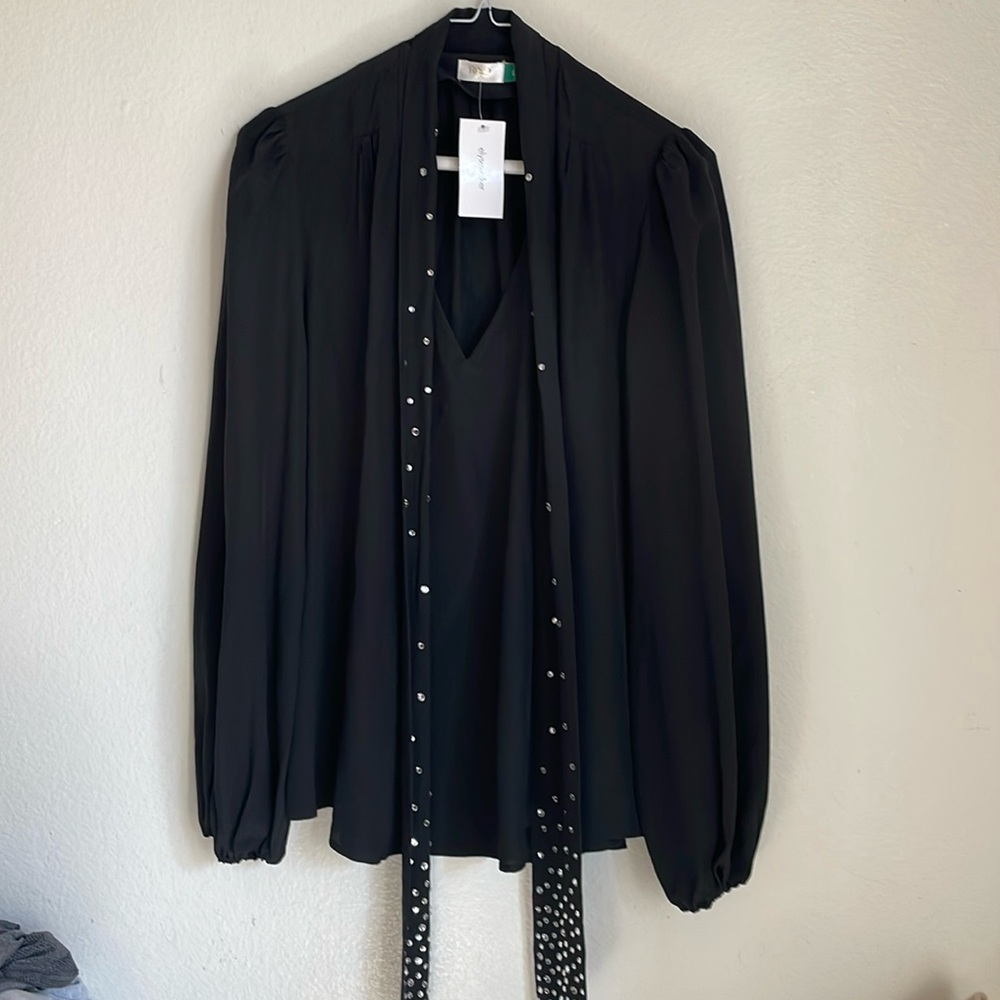 RIXO | Black Silk Bow Neck Blouse | Puff long Sleeves